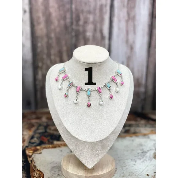 Handmade Sterling Silver Cotton Candy Turquoise Necklace, Signed Nizhoni